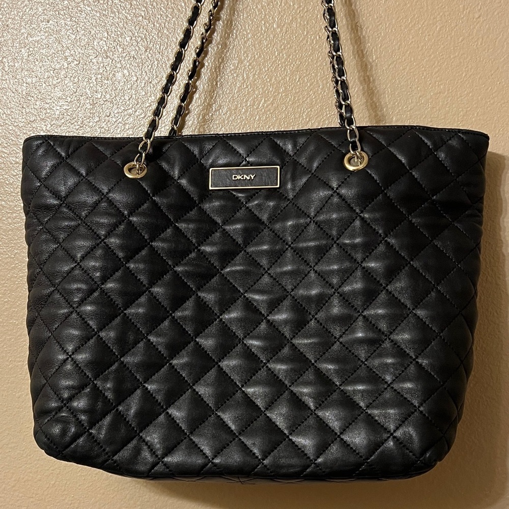 DKNY Black Quilted Leather Tote with Chain-Accent Straps